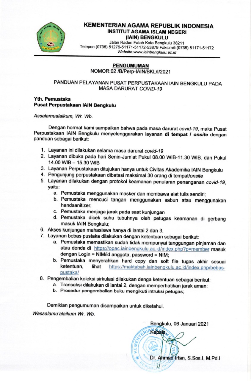 Read more about the article Pedoman Pelayanan Pusat Perpustakaan IAIN Bengkulu Pada Masa Darurat Covid-19